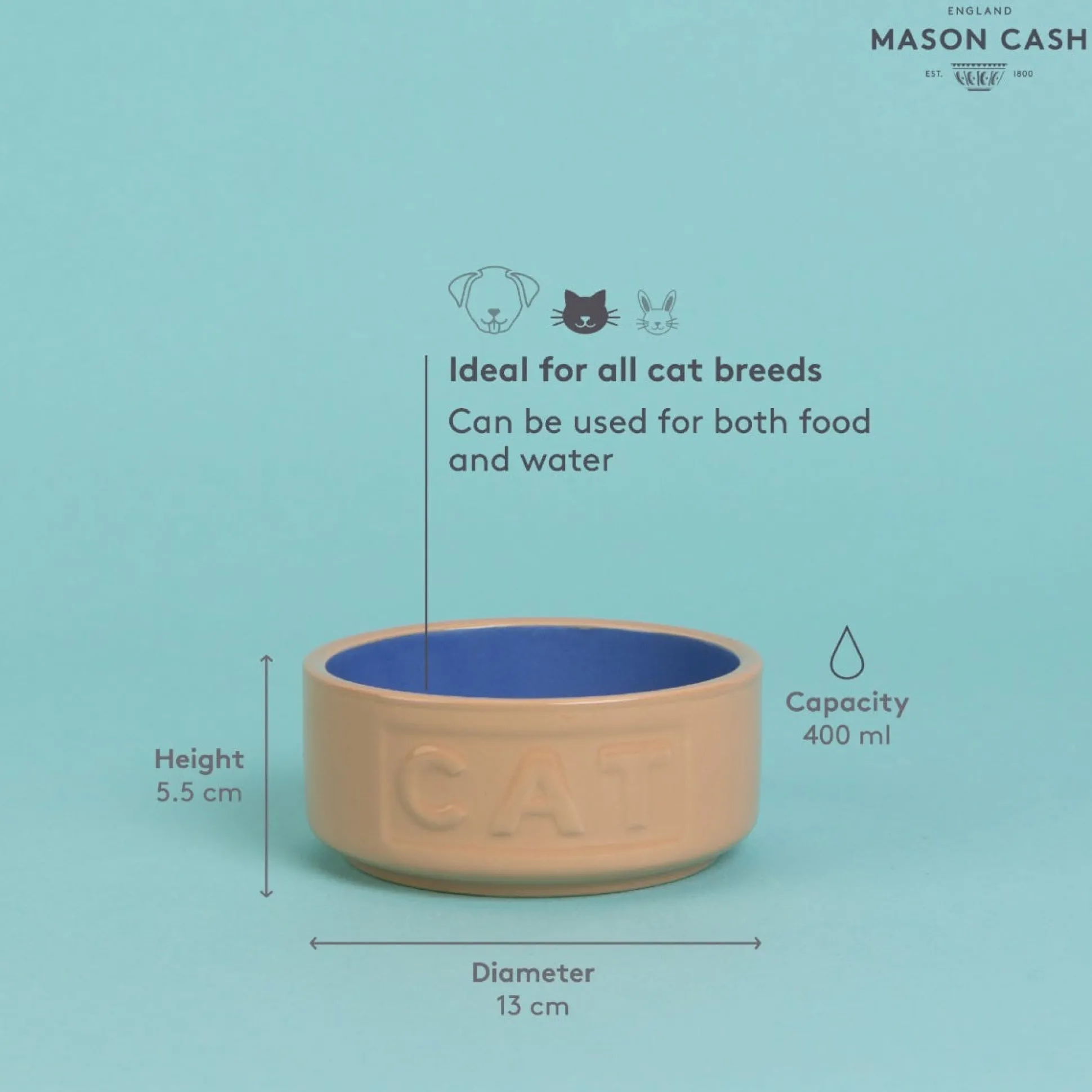 Cane & Blue Lettered Cat Bowl 13cm