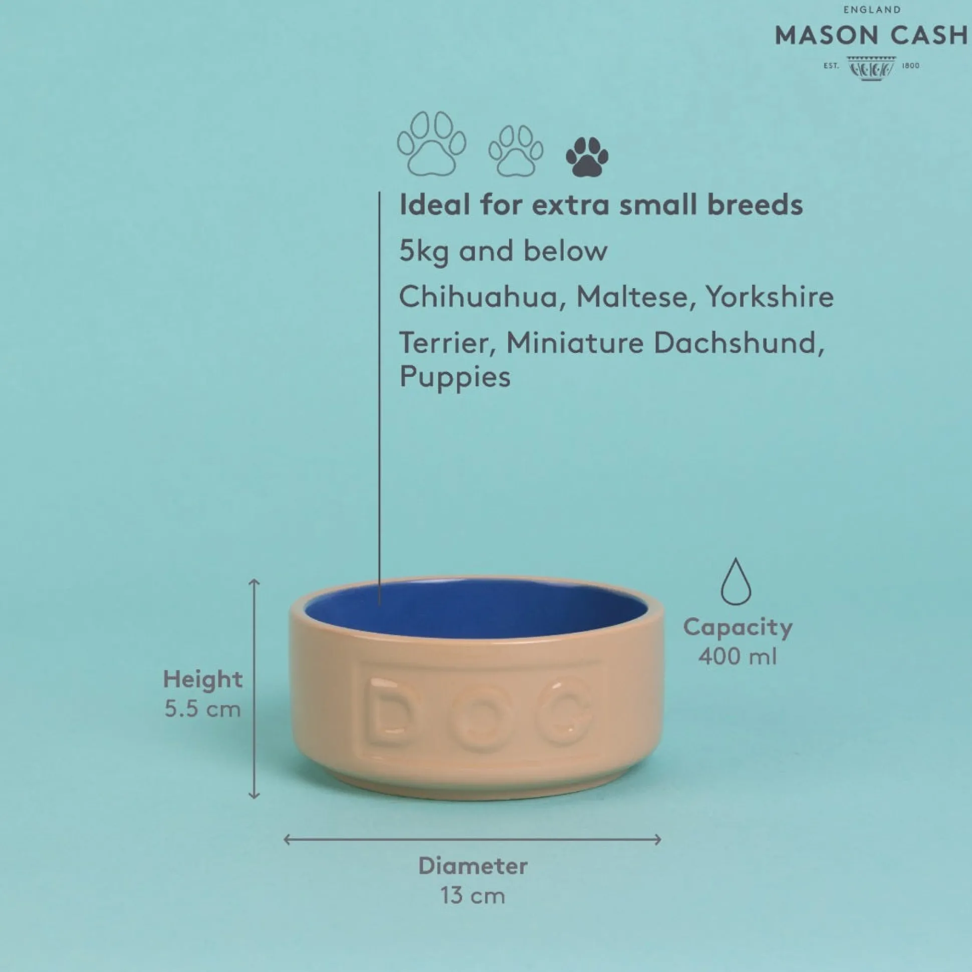 Cane & Blue Lettered Dog Bowl 13cm