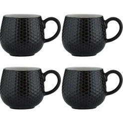 Embossed Honeycomb Set Of 4 Black Mugs 350ml