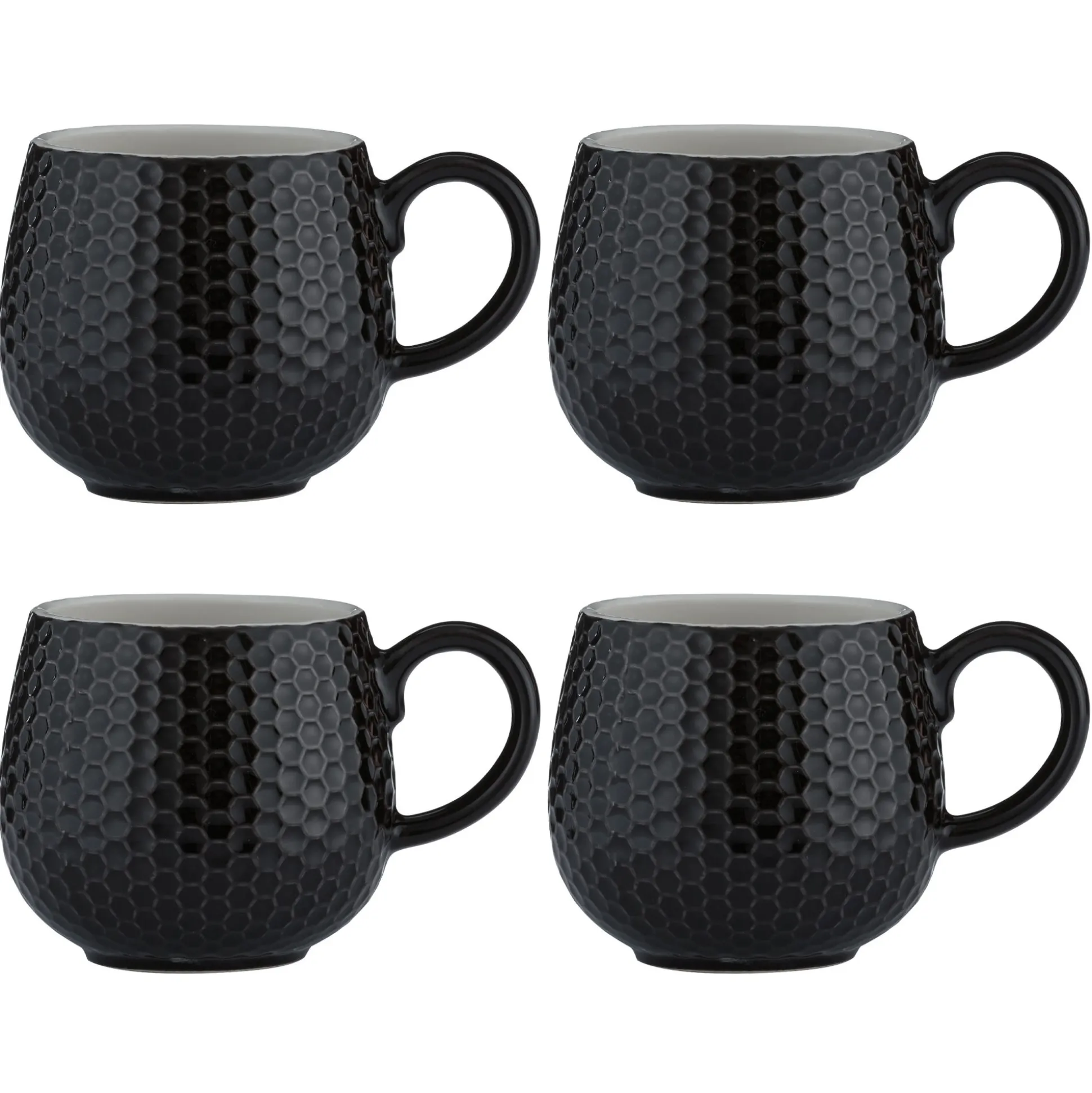 Embossed Honeycomb Set Of 4 Black Mugs 350ml