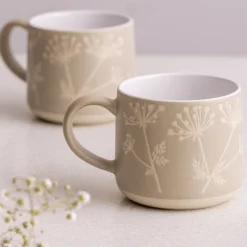 Set Of 2 Botanical Leaf Mugs Grey & Stone