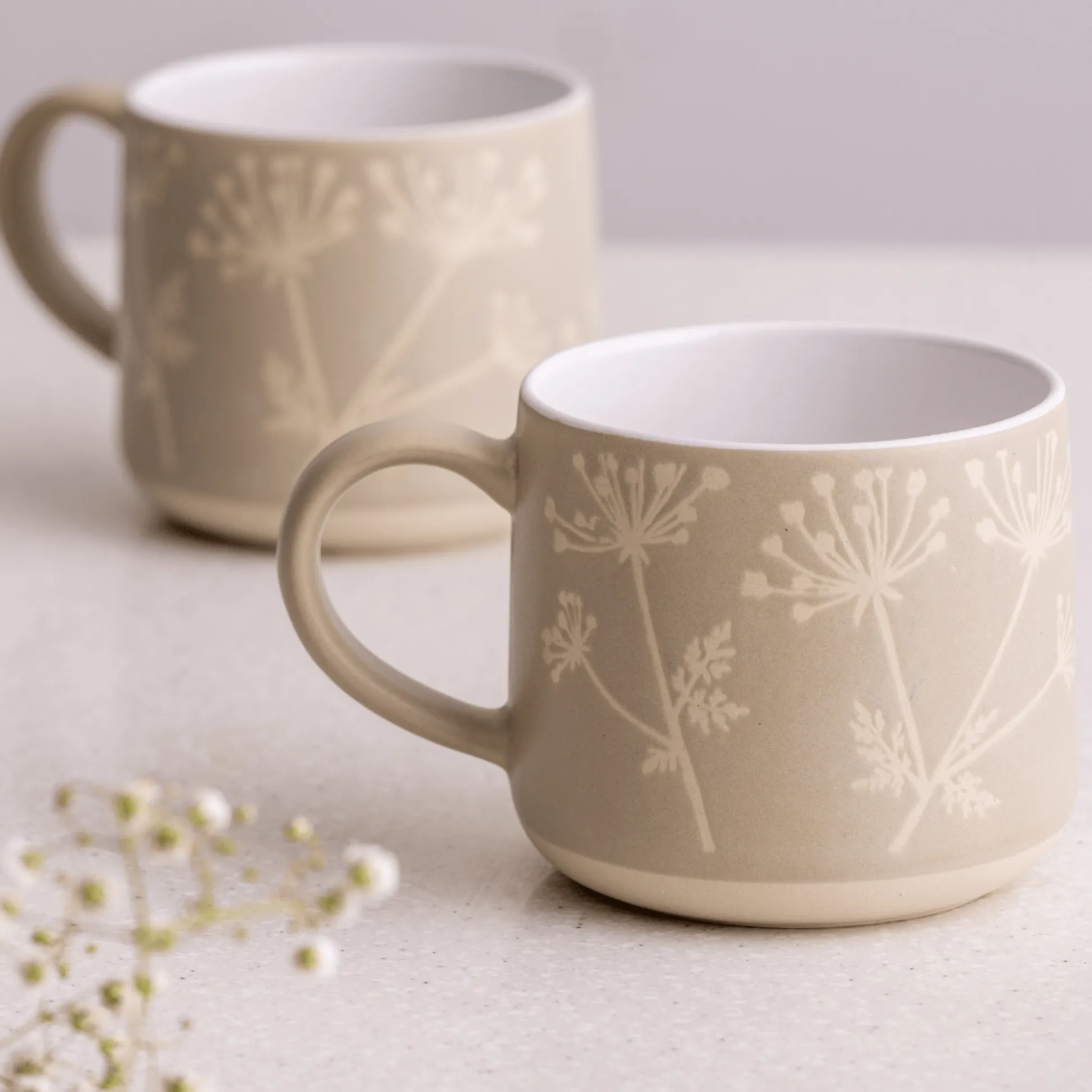 Set Of 2 Botanical Leaf Mugs Grey & Stone